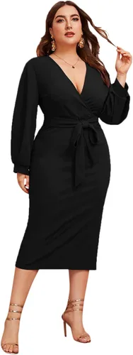 Vista 4 de Verdusa Vestido ajustado de talla grande con cuello en V y manga farol, con cinturón