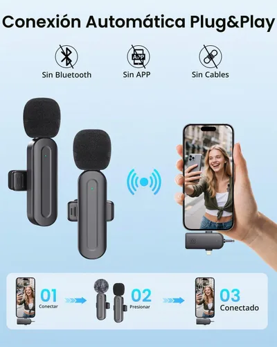 Vista 3 de Micrófono Lavalier inalámbrico 3 en 1 para iPhone: micrófono de solapa Bluetooth para iPad Android Phone Camera Pc - Micrófonos de clip pequeño