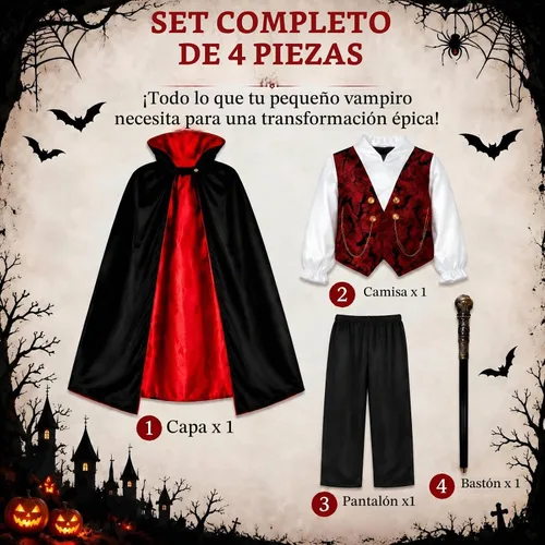 Vista 2 de Doloowee Disfraz de vampiro de Halloween de 4 piezas para niños de 3 a 12