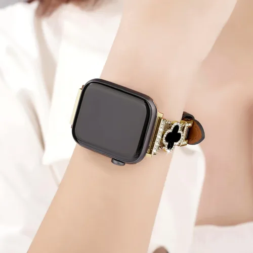 Vista 5 de Correa de cuero compatible con Apple Watch para mujeres de 38 mm, 40 mm, 41 mm, 42 mm, Series 10, 9, 8, SE, 7, 6, 5, 4, 3, 2, 1 1 oro/negro