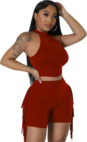 Vista 2 de acelyn Conjunto de 2 piezas para mujer, sexy, sin mangas, con borlas, pantalones cortos de verano