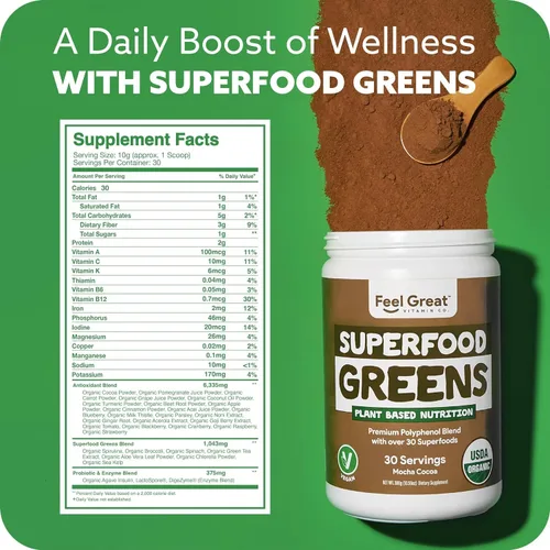 Vista 5 de USDA Organic Super Greens - Mezcla de jugo y polvo - Sabor a chocolate moca - Probióticos y enzimas digestivas para apoyar la salud intestinal