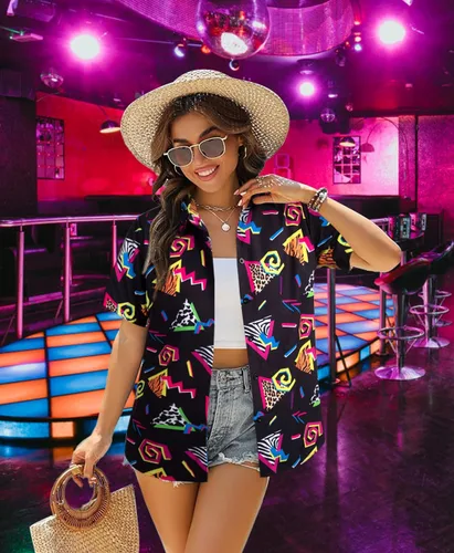 Vista 4 de Trajes de los años 80 y 90 para mujer, camisa de fiesta temática retro de los años 80, camisa hawaiana de los años 80, camisa hawaiana neón hawaiana