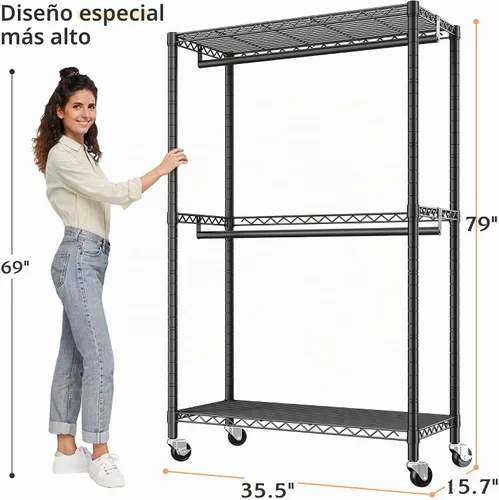 Vista 7 de Raybee - Perchero resistente con 2 estantes y armario portátil con ruedas