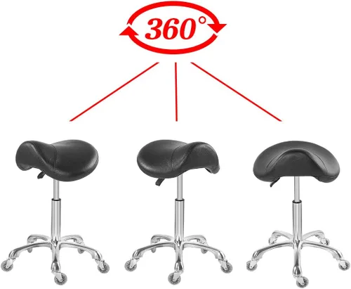 Vista 6 de Antlu Silla de Sillín para Clínica de Masaje, Spa, Salón, Corte, Silla Giratoria con Ruedas, Altura Ajustable (Negro)