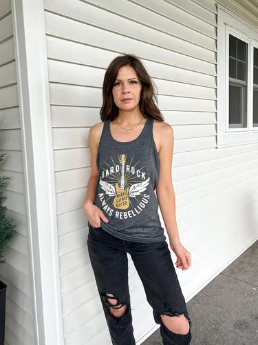 Vista 2 de Camiseta sin mangas de música Hard Rock Always Rebellious para mujer, camiseta gráfica de guitarra, chaleco de música country casual de verano