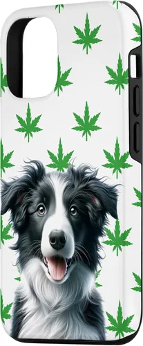 Vista 2 de iPhone 15 Black Border Collie Hemp Leaf Green & White Pattern Case