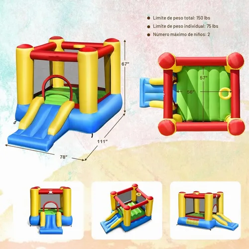 Vista 7 de OLAKIDS Castillo inflable para rebotar, castillo de salto con tobogán, área de rebote, malla de poliéster, borde de baloncesto, casa hinchable