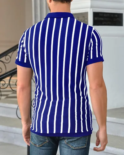 Vista 3 de Mens Striped Polo Shirts Black and White Striped Golf Shirts,Cotton Blend Knit Button Down Casual Summer Short Sleeve