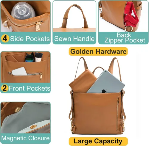Vista 4 de Bolsa de pañales, mochila de cuero para pañales de MF Store, mochila de pañales con funda para portátil, cambiador, bolsa de toallitas, correas