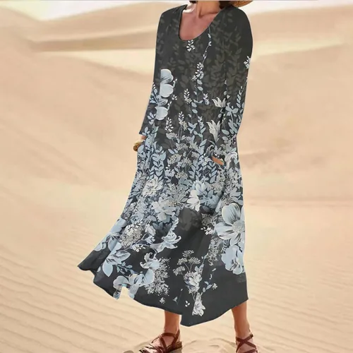 Vista 2 de Vestido floral para mujer, vestido de manga larga 2023, vestido tipo camiseta de verano y otoño, cuello redondo, vestido holgado tipo túnica