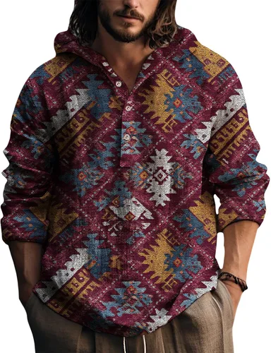 Vista 6 de Sudadera con capucha para hombre, con estampado azteca de otoño, de gran tamaño, manga larga, casual, con capucha