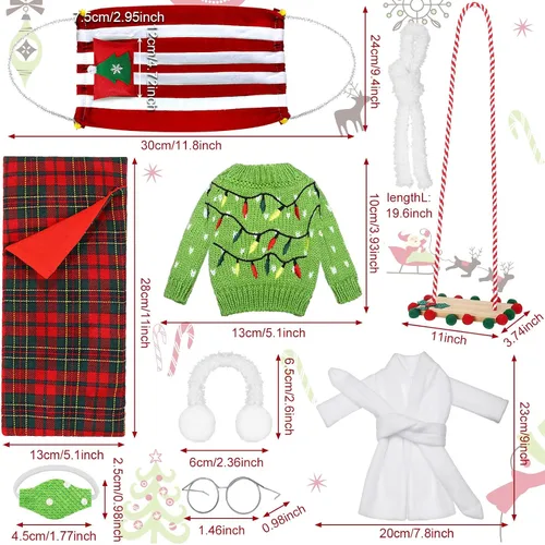 Vista 3 de Aoriher Juego de 9 accesorios de muñeca de Navidad que incluye saco de dormir, albornoz, máscara, orejeras, bufanda, gafas, hamaca, suéter (bombilla)