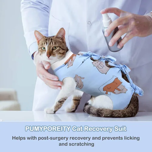 Vista 2 de PUMYPOREITY Traje de recuperación de gato – Mameluco de gatito para castrado/herida abdominal/daño en la piel/destete, azul, XS