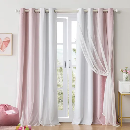 Vista 20 de Cortinas 100% opacas con superposición de gasa Mix and Match de doble capa, 54 pulgadas de largo, 2 paneles para dormitorio y sala de estar, azul