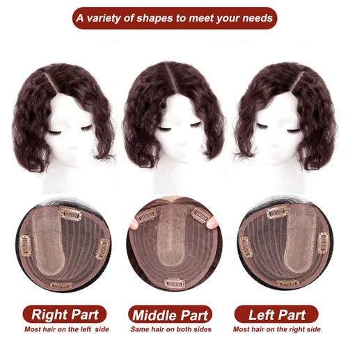 Vista 7 de Peluca de cabello humano rizado natural para mujer, con clip, 5.1 x 5.5 in, parte superior plateada, parte derecha para cubrir la pérdida de Marrón