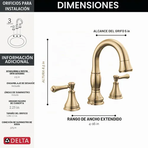 Vista 3 de Delta Faucet Cassidy - Grifo de baño extraíble hacia abajo, grifo de baño extraíble hacia afuera, grifo de baño dorado de instalación extendida de 3