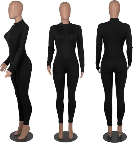 Vista 3 de Enterizo sexy acanalado ajustado para mujer, manga larga, con cremallera, cuello alto, pantalones ajustados de una pieza, traje de club