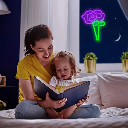 Vista 3 de ENUOLI Letrero de pared LED rosa neón con tallo verde para luz fría, arte de pared, decoración de dormitorio, accesorios para el hogar, fiesta