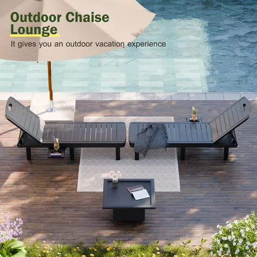 Vista 8 de CDCASA Chaise Lounge al aire libre, sillas de piscina multifuncionales con 5 posiciones ajustables y bandeja lateral, salas de resina impermeables