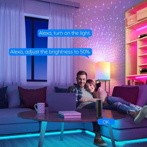 Vista 4 de Lámpara de pie LED con estantes y salidas AC/USB, bombilla inteligente Galaxy Star, proyector que cambia de color y luces controladas por