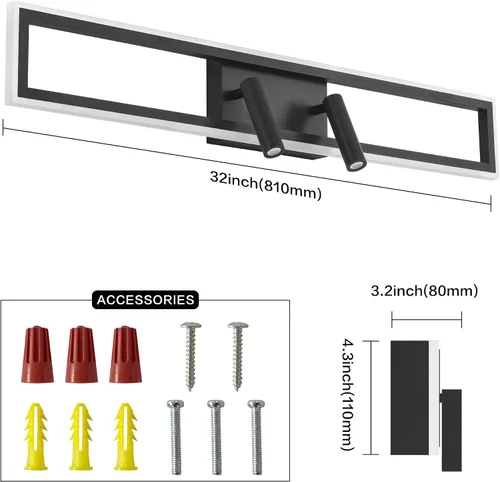 Vista 4 de SOLFART Luces de tocador para baño, 32 pulgadas, regulables, color negro mate, luces LED para baño, luz de pared de 3
