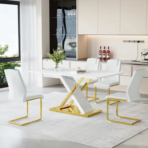 Vista 19 de Juego de mesa de comedor de mármol para mesa rectangular blanca de 6.63 pulgadas con marco de metal plateado en forma de X y 6 sillas de comedor
