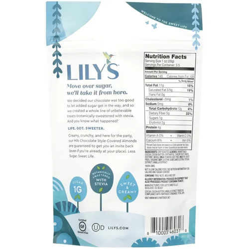 Vista 2 de Lily's Dulces, almendras cubiertas estilo chocolate con leche, 3.5 onzas