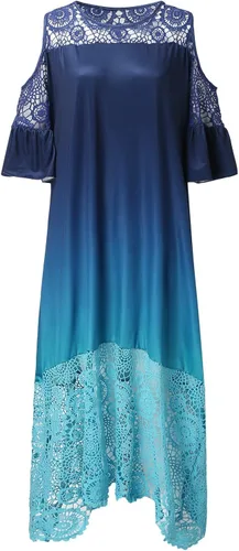 Vista 5 de Vestido casual de encaje con cuello redondo y degradado para mujer, talla grande, manga corta, costuras de encaje irregulares, vestidos largos
