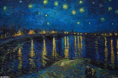 Vista 11 de Trends International Póster de pared de Vincent van Gogh, noche estrellada sobre el Ródano, 14.725 x 22.375 pulgadas, versión enmarcada de madera