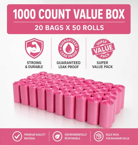 Vista 2 de 1000 bolsas de eliminación de desechos de mascotas con dispensador de recogida de bolsas rosadas perro caminando re-llenar limpiar, pooty roll-bag