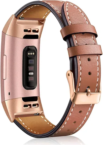 Vista 5 de Correa de cuero compatible con Fitbit Charge 3/Charge 4, bandas de cuero genuino de repuesto para mujeres y hombres 01. Conector de grafito y marrón