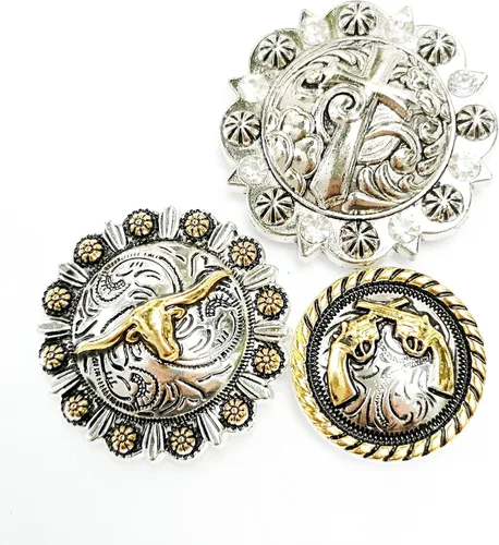 Vista 5 de Horse TACK Antique Grabado Berry Conchos Tornillo Atrás Insignias Cruz Longhorn Steer Cuero Artesanía Bukle 12pcs Mixto