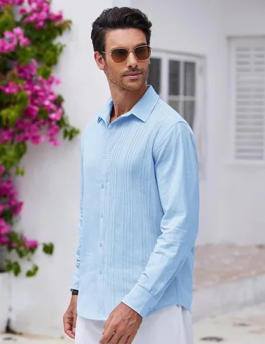 Vista 4 de COOFANDY Camisa cubana de lino guayabera con botones y manga larga para hombre