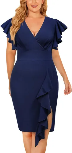 Vista 5 de Miusol Vestido de tubo vintage con cuello en V para mujer, talla grande, manga con volantes, para negocios, cóctel, fiesta