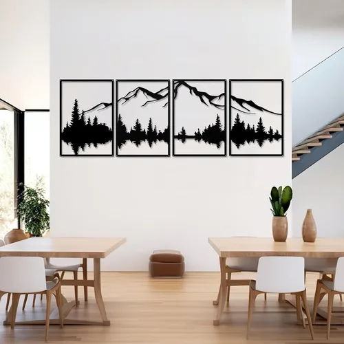 Vista 4 de YIYA 4 piezas de arte de pared de metal de montaña, decoración de pared de metal negro decorativo de bosque grande, esculturas de pared verticales