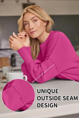 Vista 134 de Lillusory - Suéter extragrande con mangas de murciélago y cuello redondo para mujer, prenda moderna de otoño de tejido de punto sin botones