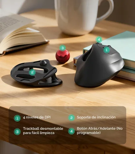 Vista 7 de Nulea M511 Ratón inalámbrico Trackball recargable, ratón ergonómico con control de pulgar y soporte inclinable, seguimiento suave y preciso A-Rojo