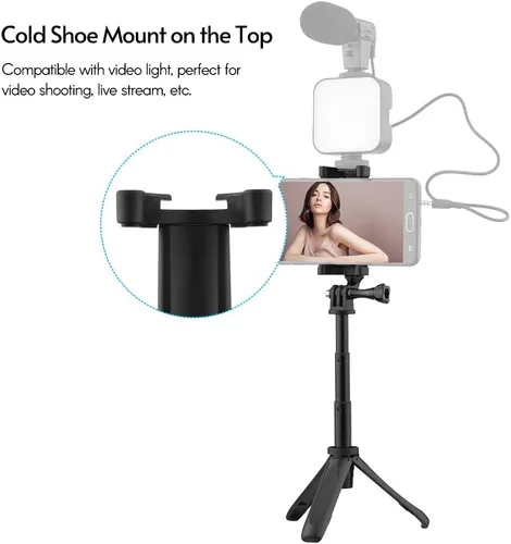 Vista 2 de Andoer Mini trípode de escritorio plegable portátil con 3 secciones extensible ajustable longitud del clip para teléfono inteligente Vlog grabación