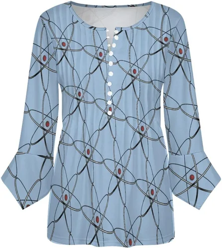 Vista 4 de Physics Science - Camisa de manga 3/4 con volantes para mujer, casual, cuello en V y botones, blusa holgada