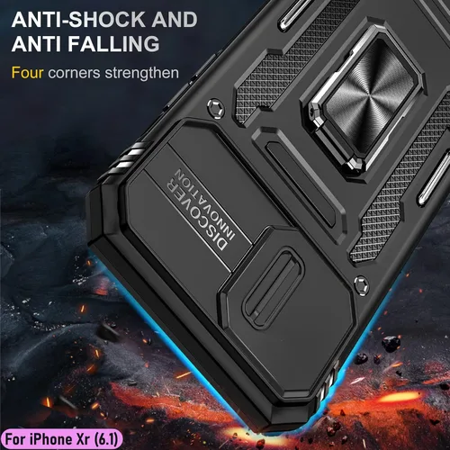 Vista 7 de Funda resistente para Apple iPhone Xr/10R, protección híbrida de goma de doble capa de grado militar con protector de cámara deslizante, soporte