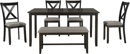 Vista 9 de LUMISOL Juego de mesa de comedor de 6 piezas, mesa de comedor rectangular de 60 pulgadas con sillas tapizadas y banco, juego de mesa de cocina