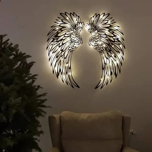 Vista 3 de Decoración de pared de alas de ángel de metal grandes, escultura de pared de alas de ángel LED, arte de alas brillantes para colgar en la pared