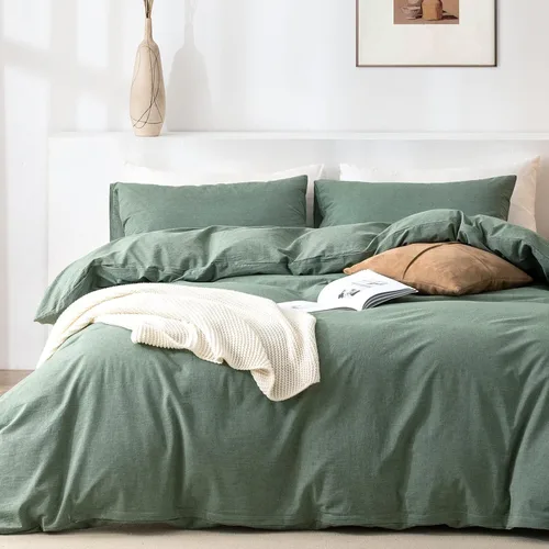 Vista 22 de Juego de funda de edredón Queen de 100% algodón lavado 3 piezas, ropa de cama suave, cómoda y transpirable con toque de lino, 1 funda de edredón y 2