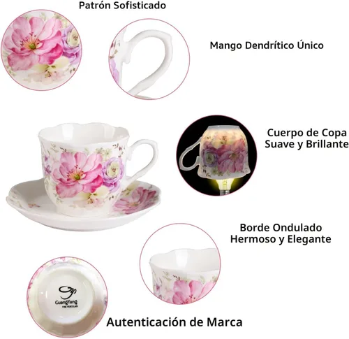 Vista 8 de GuangYang Juego de 6 tazas de té y platillos de porcelana de 7 onzas, diseño floral rosa, elegante juego de regalo para amantes del té, café