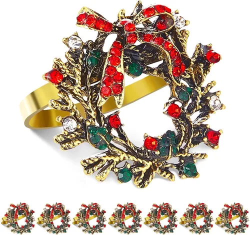 Vista 25 de ZeeDix Juego de 6 servilleteros de corona de Navidad, servilleteros de Navidad para servilletas de tela, servilleteros de Navidad para Acción