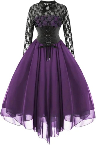 Vista 2 de Black Gothic Dress for Women, Gothic Dress for Women Long Sleeves with Corset Halter Swing Cocktail Dress