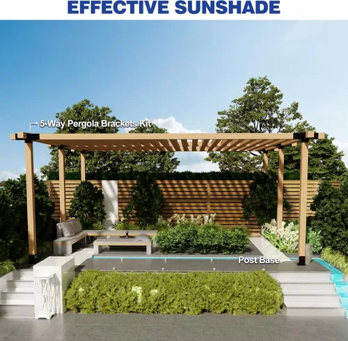 Vista 6 de Kit de pérgola Grehitk - Soporte de esquina de ángulo recto de 5 vías para bricolaje Base de poste de madera para cenadores, patio, cabaña
