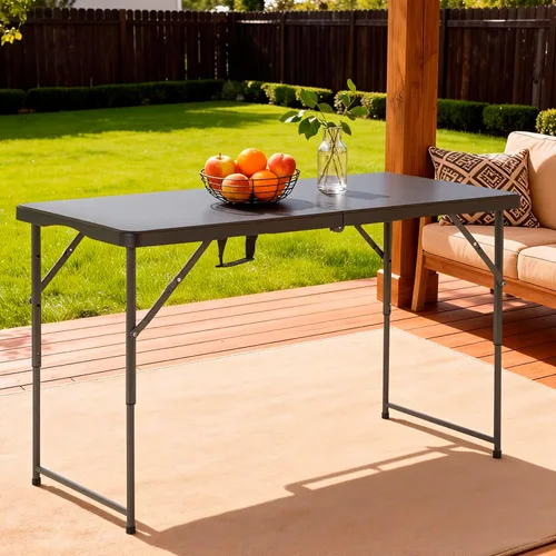 Vista 2 de PayLessHere Mesa plegable de 4 pies Mesa portátil de plástico con asa de transporte Diseño de mesa impermeable y plegable Estructura de Negro