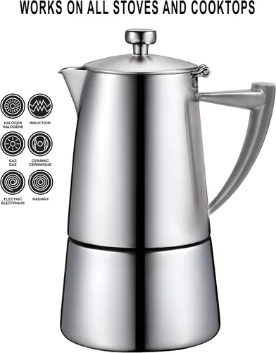 Vista 5 de CUISINOX Roma - Máquina de café expreso de acero inoxidable satinado para estufa, 6 tazas